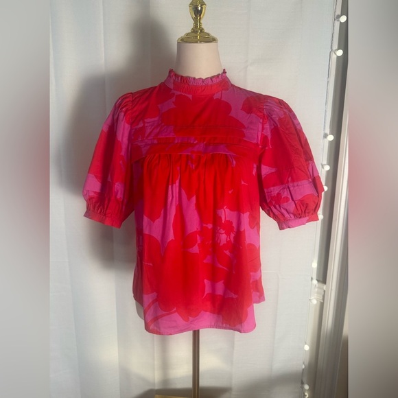 Sugarlips Floral Puff Sleeve High Neck Blouse Red Pink Size Small - Picture 8 of 8